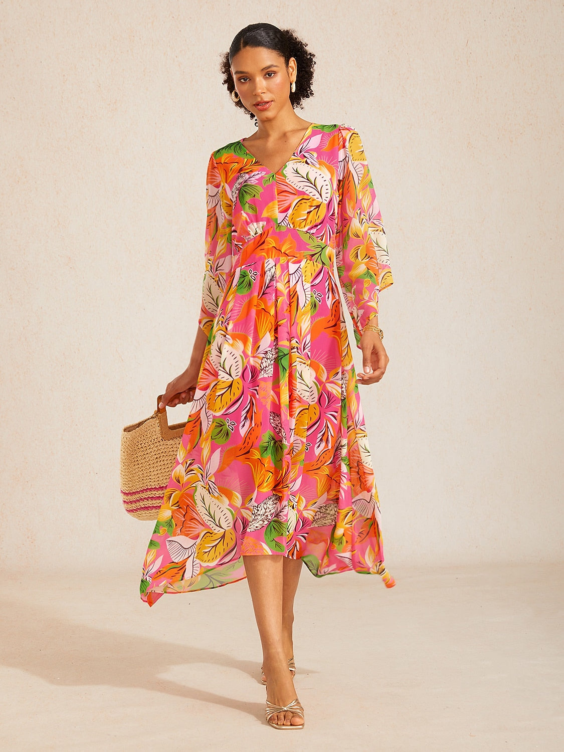 Robe maxi en chiffon à imprimé floral et manches évasées