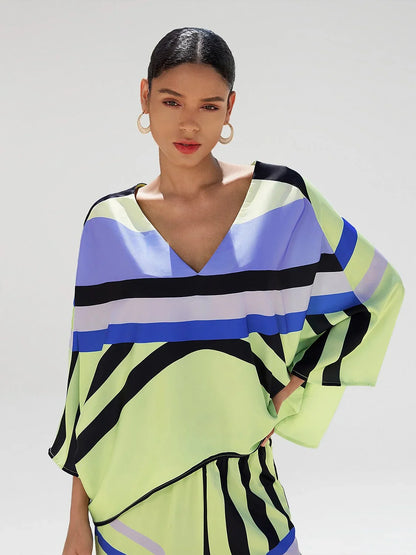 Geometric Silky Satin Print Poncho Blouse