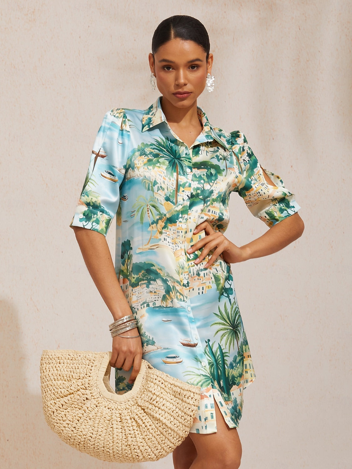 Ocean Blue Orchid Silky Satin Floral Shirt Dress