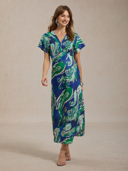 Vacation Satin Green Paisley Print Maxi Dress