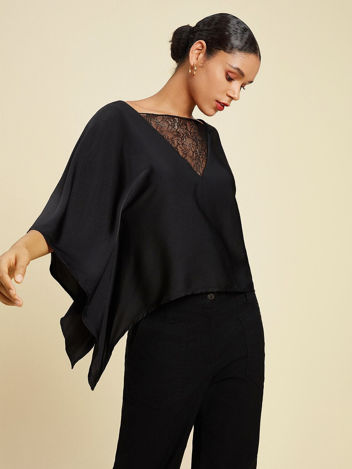 Solid Color Batwing Sleeve Lace Patchwork Satin Blouse