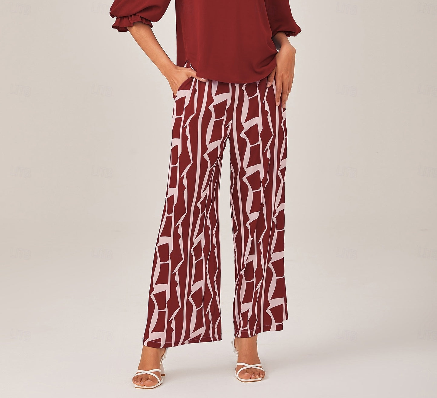 Ruched Waist Blue Printed Straight-Leg Pants