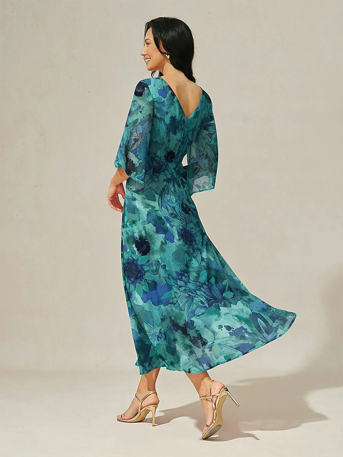 Chiffon Green Abstract Floral Print Twist Knot Maxi Dress