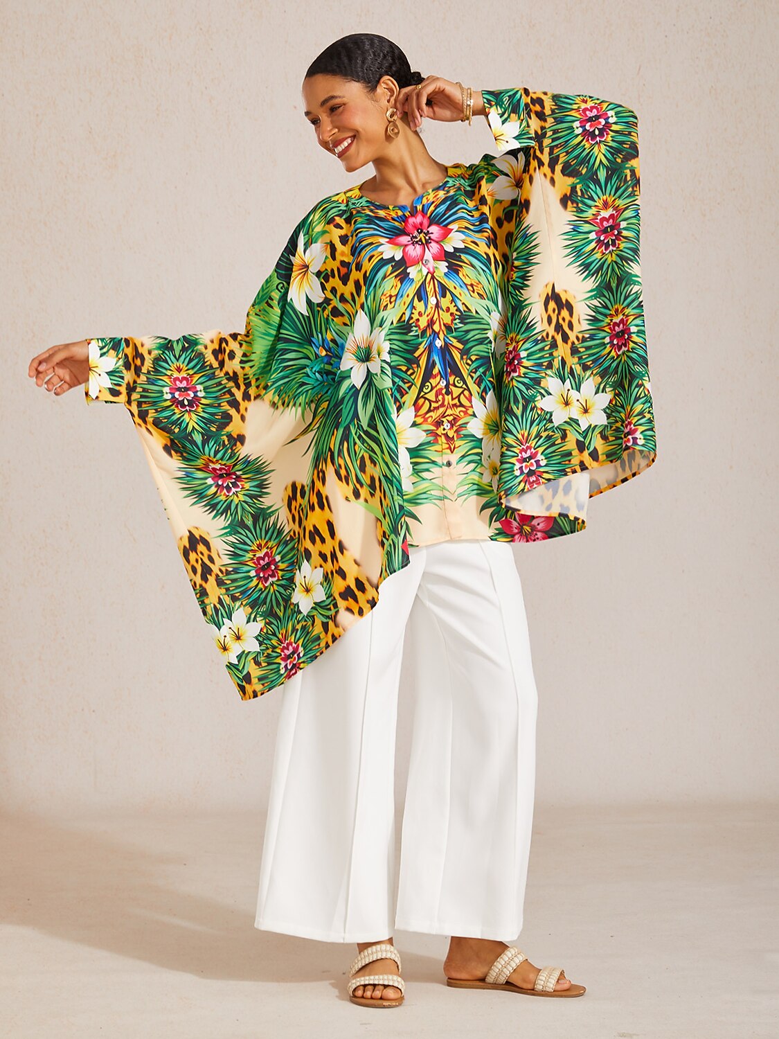 Tropische Verführung Fließende Chiffon-Dolman-Ärmel-Bluse