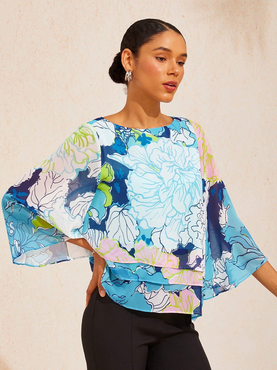 Pastel Wash Peony Layered Chiffon Blouse