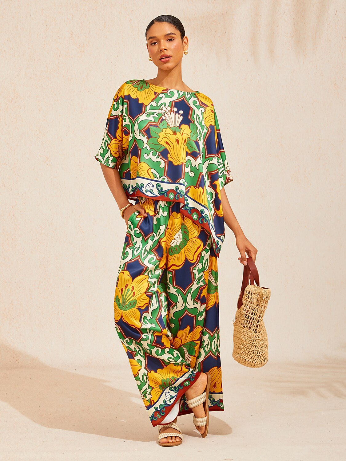 Emerald Bloom Bazaar Silky Satin Batwing Top