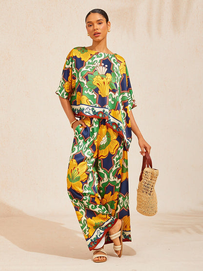 Emerald Bloom Bazaar Silky Satin Batwing Top