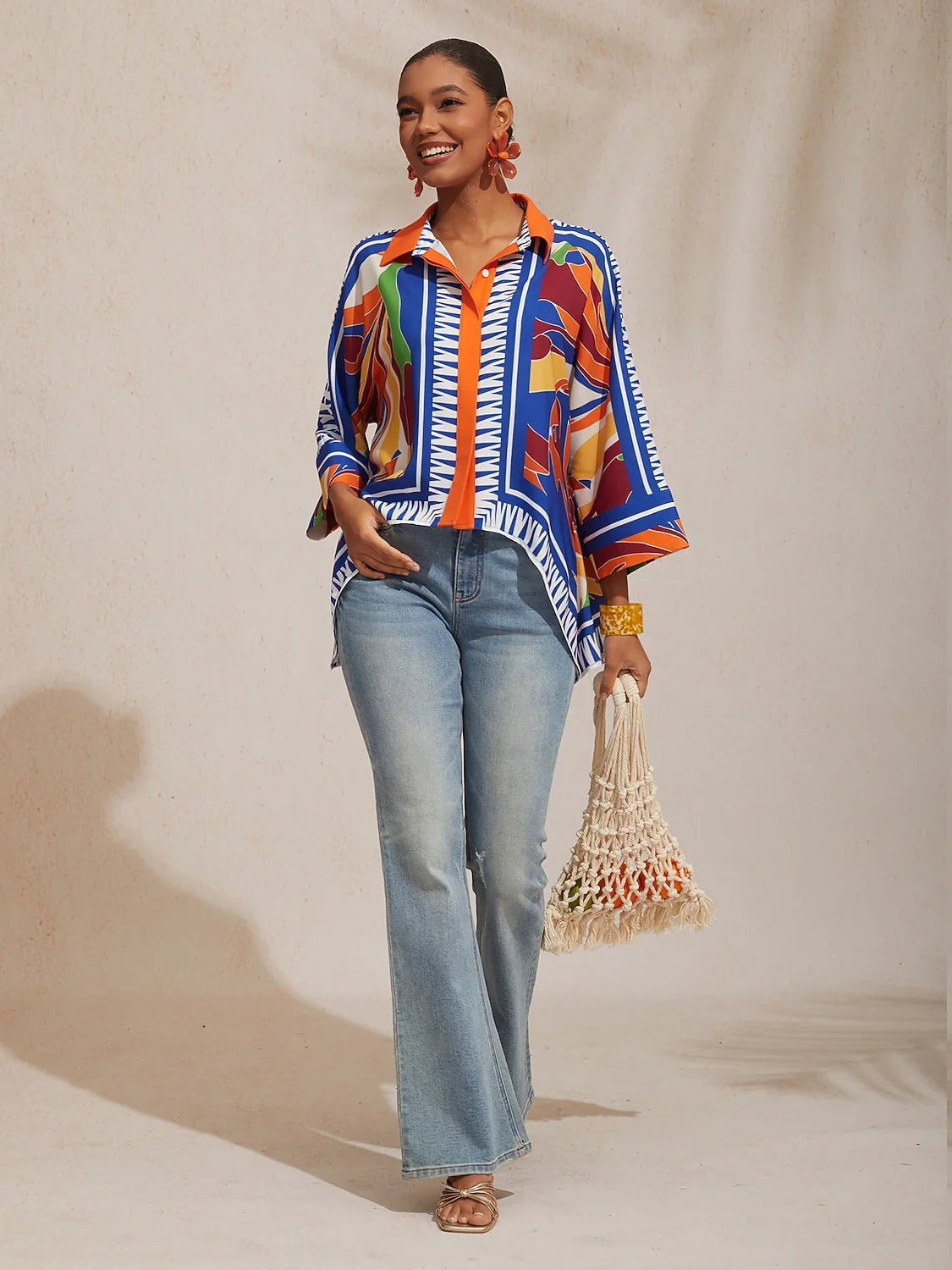 Vacation Geometric Color Block Print Batwing Sleeve Satin Short Shirt