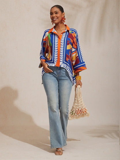 Vacation Geometric Color Block Print Batwing Sleeve Satin Short Shirt