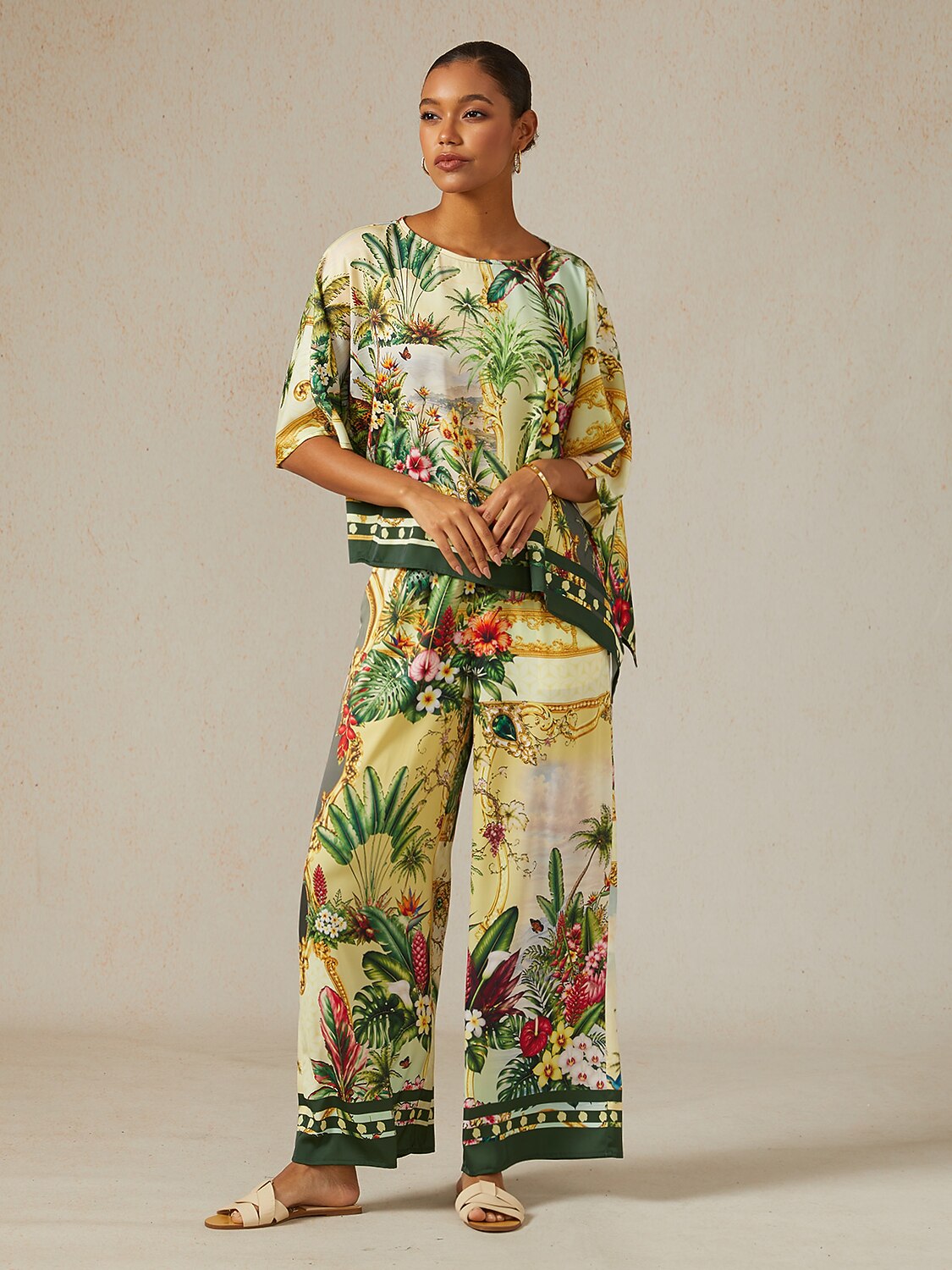 Verdant Garden Muse Silky Satin Wide Leg Pants