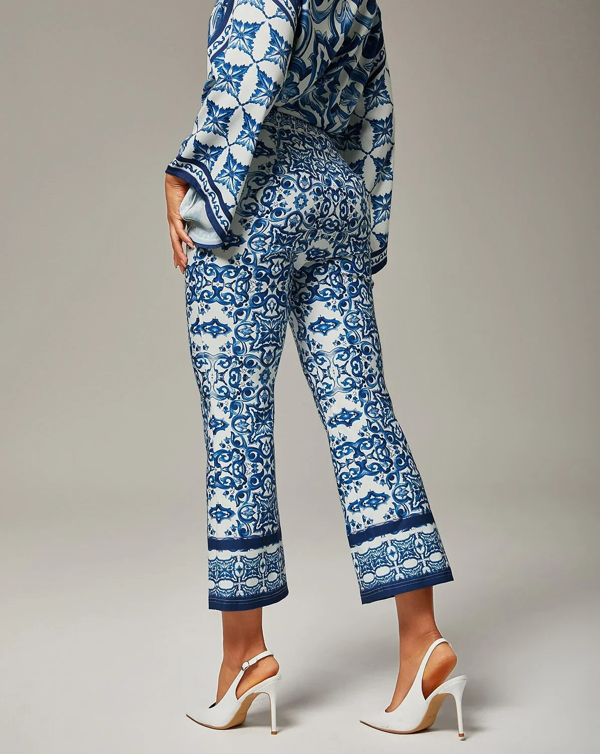 Blue White Porcelain Print Stretch Flare Pants