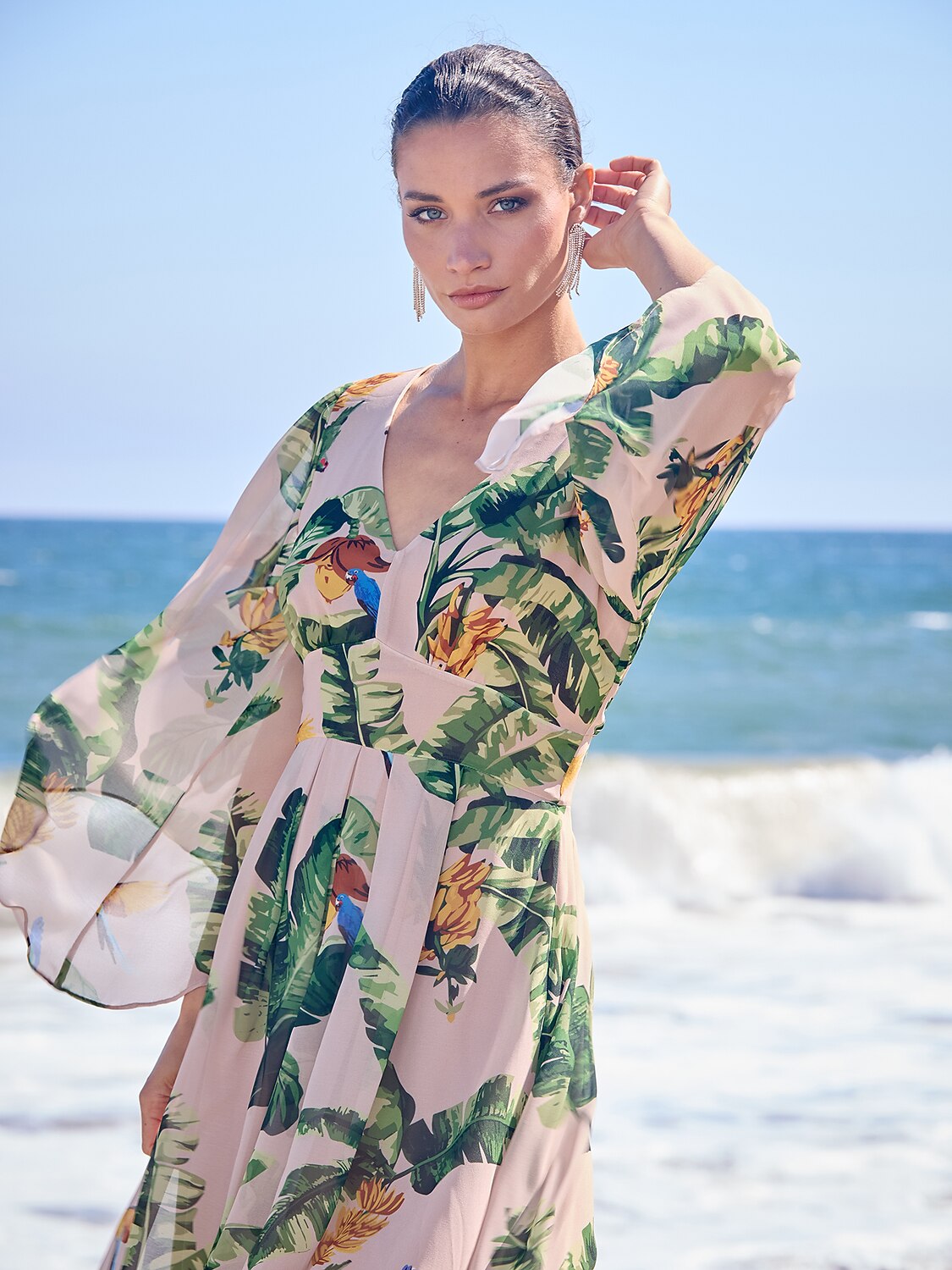 Chiffon Botanical Print Flowy Maxi Dress Vacation