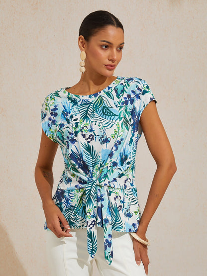 Ocean Bloom Escape Cotton Knit Tie Front Top