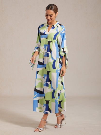 Geometric Floral Patchwork Print Green Maxi Dress