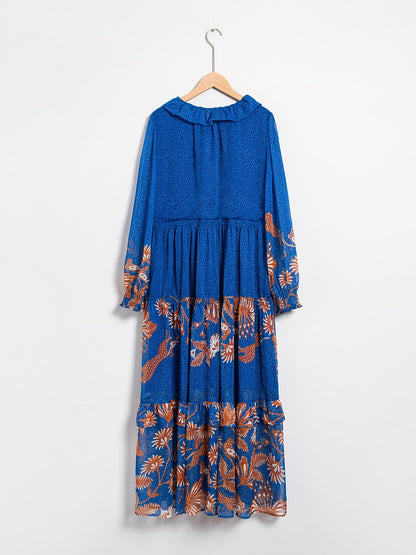 Chiffon Tropical Flowers Puff Sleeve Maxi Dress