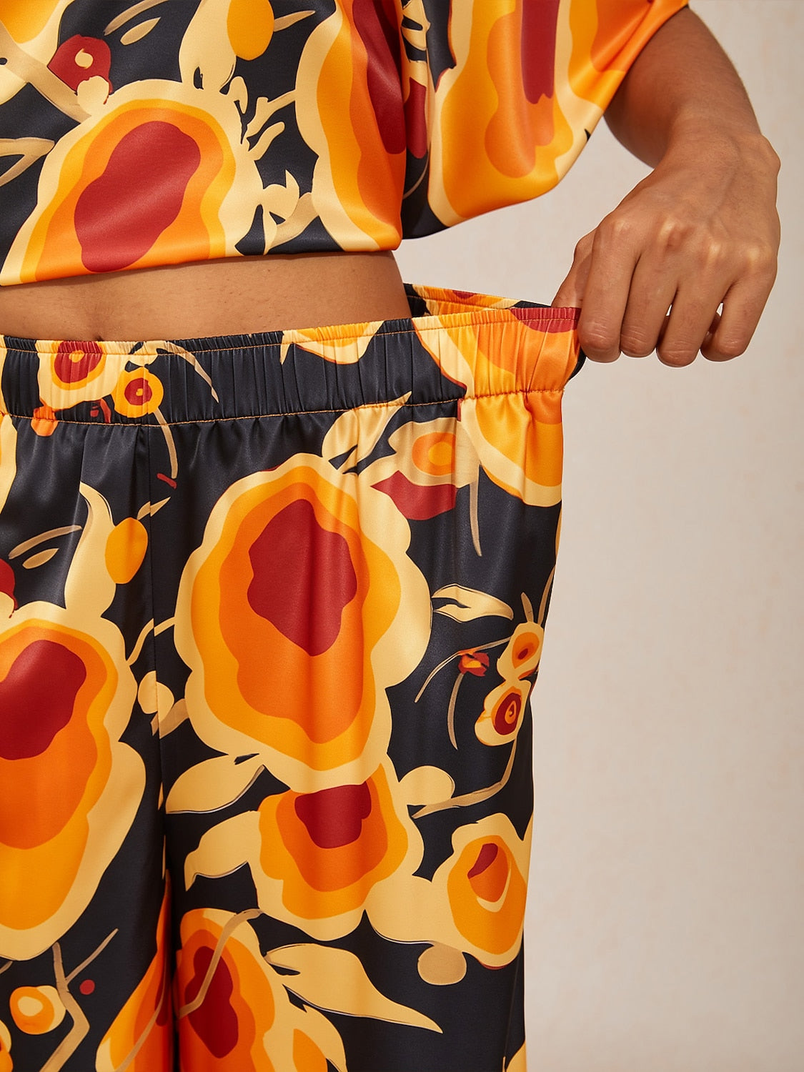 Sun Ember Silky Satin Wide Leg Pants