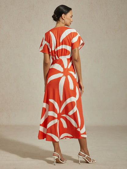 Abstract Floral Print Satin Maxi Dress