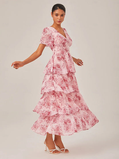Abstract Floral Ruffle Chiffon Maxi Dress