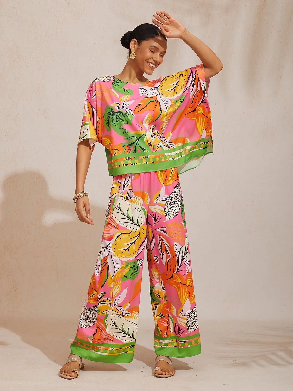 Summer Night Palm Silky Satin Dolman Sleeve Top