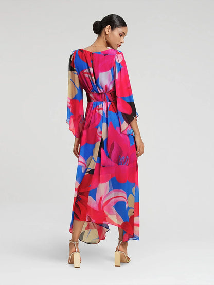 Robe maxi en chiffon à imprimé floral et manches évasées