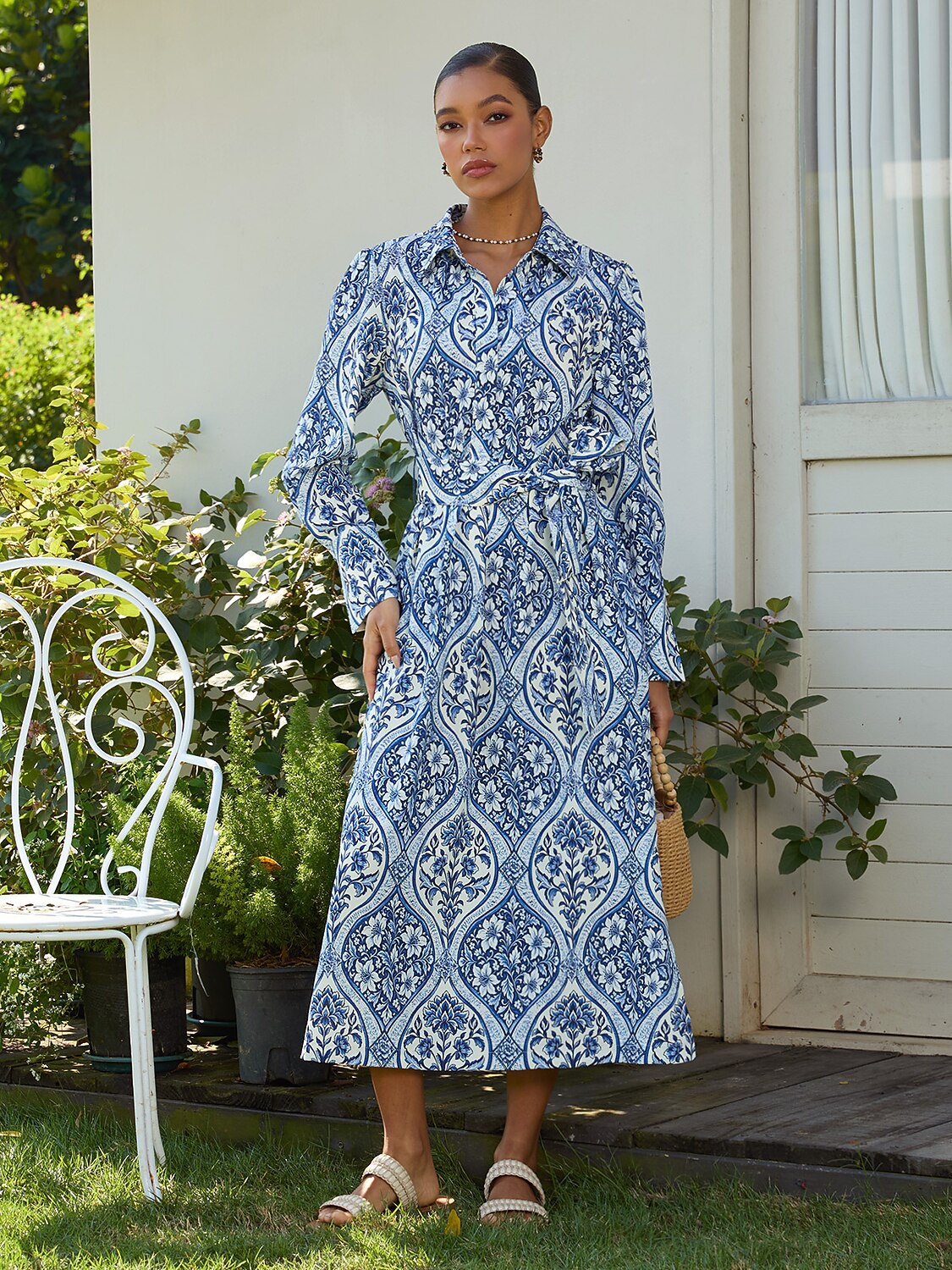 Azure Medallion Silky Satin Midi Dress