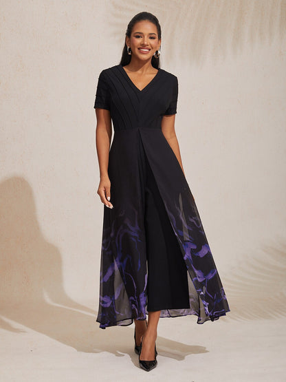 Paneled Design Faux Flowy Sheer Stretch Fabric Jumpsuit