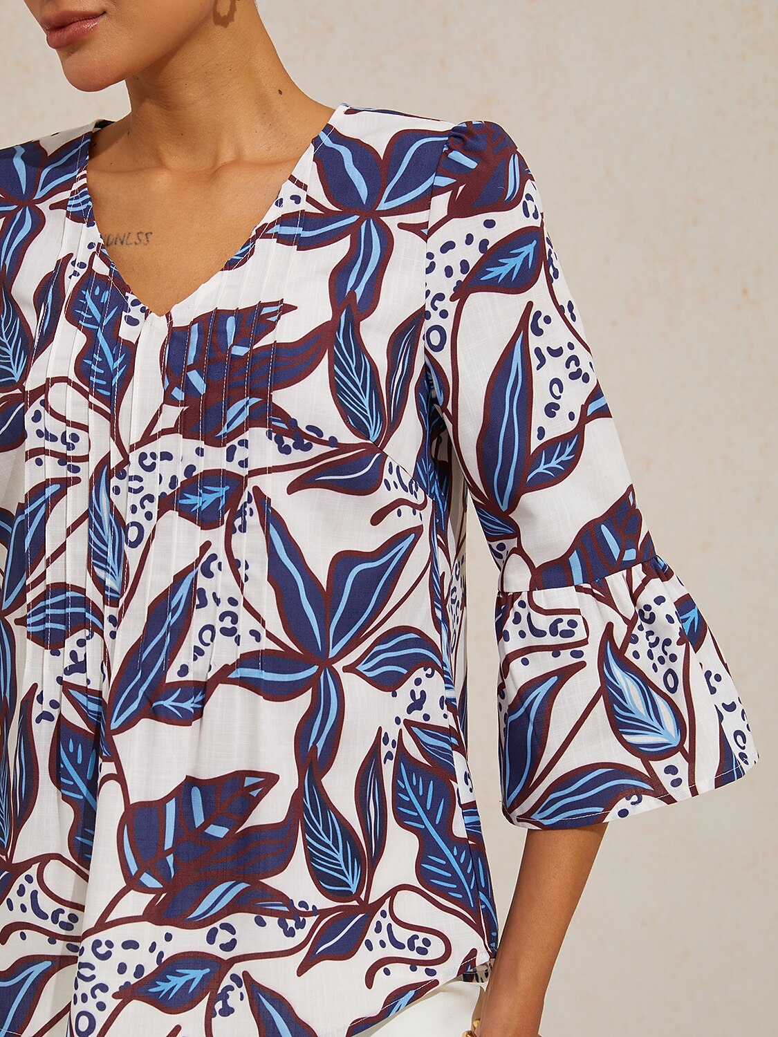Cobalt Flora Reverie Linen Look V Neck Blouse
