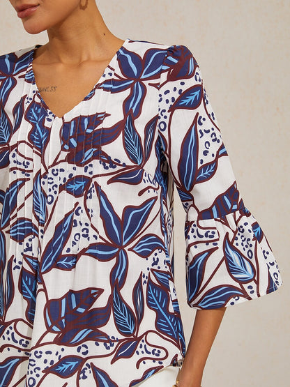 Cobalt Flora Reverie Linen Look V Neck Blouse