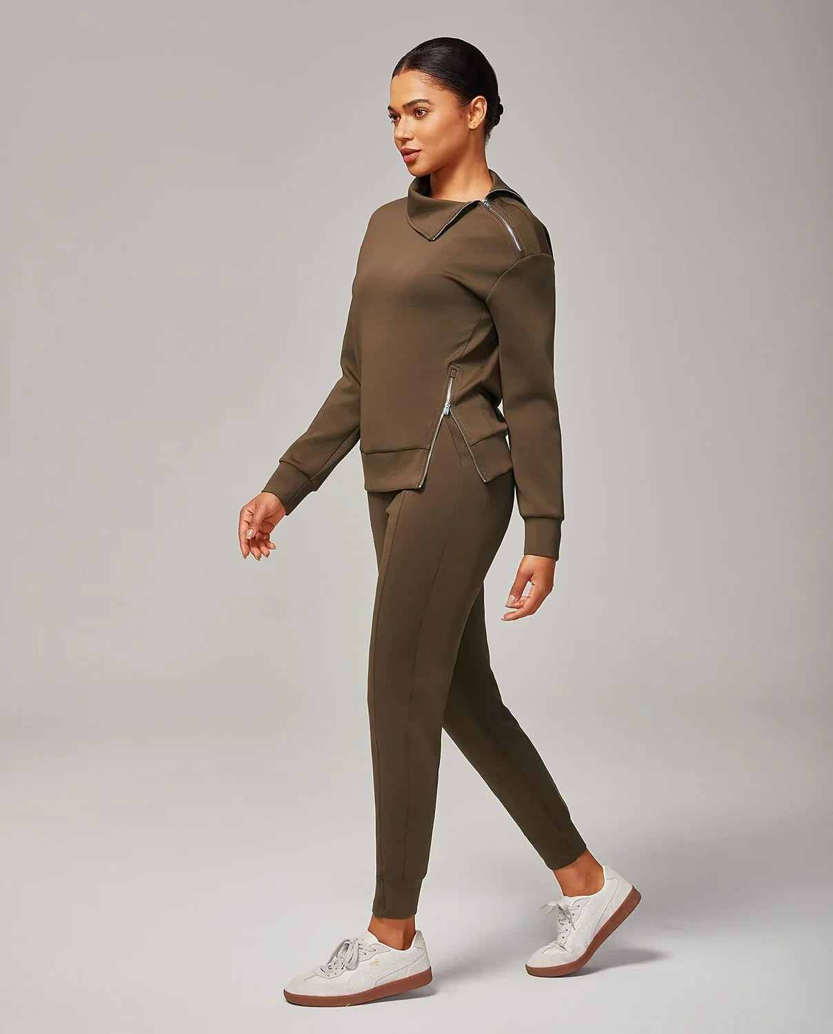 Brown Stretch Knit Zip Slit High Neck Top