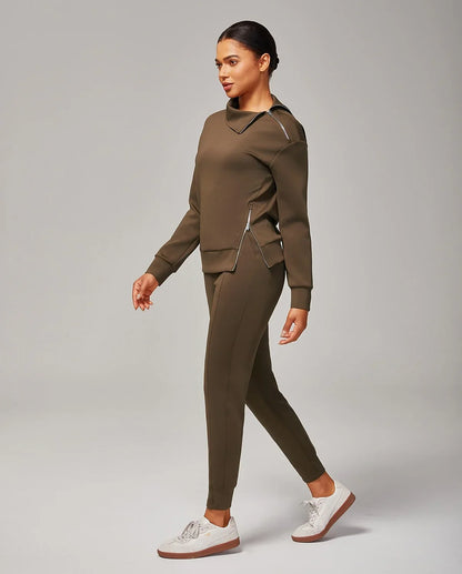 Brown Stretch Knit Zip Slit High Neck Top