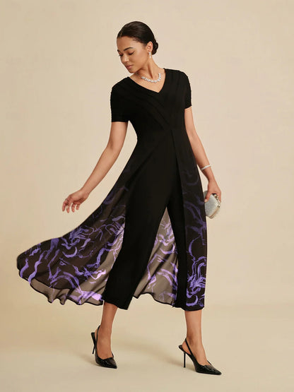 Paneled Design Faux Flowy Sheer Stretch Fabric Jumpsuit