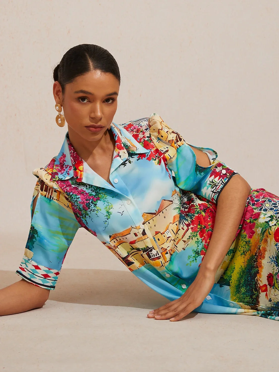 Mallorca Blossom Silky Satin Straight Shirt Dress