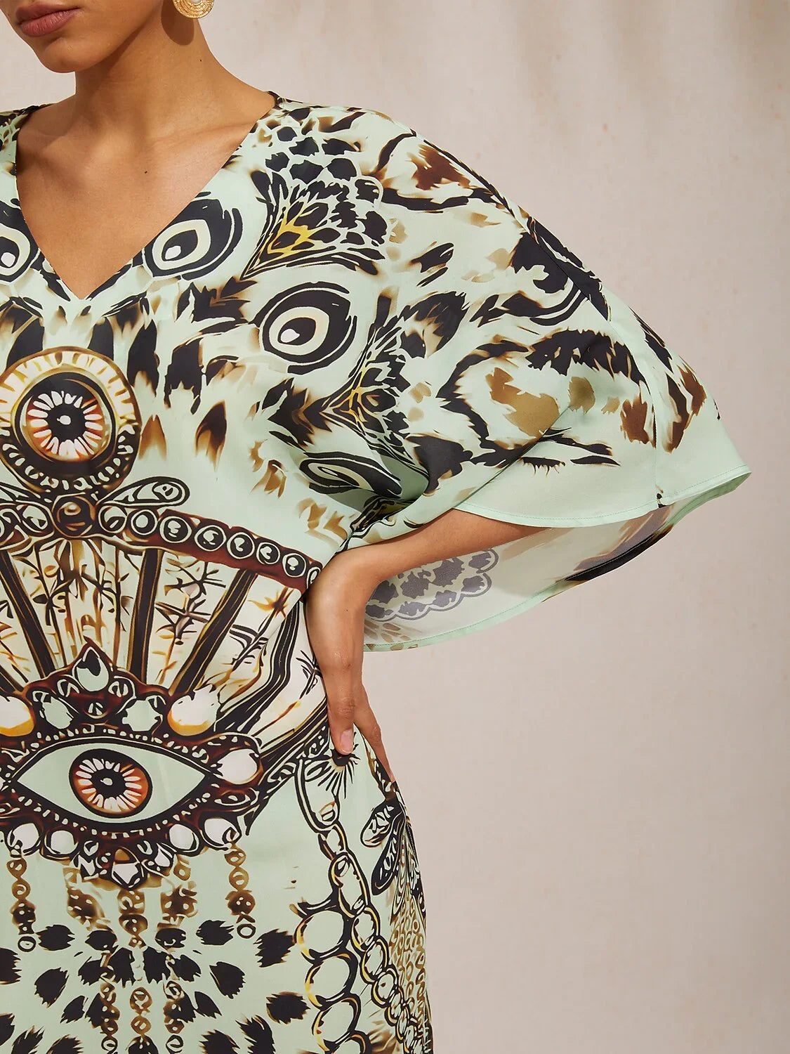 Vintage Leopard Jewelry Chiffon Dolman Sleeve Maxi Dress