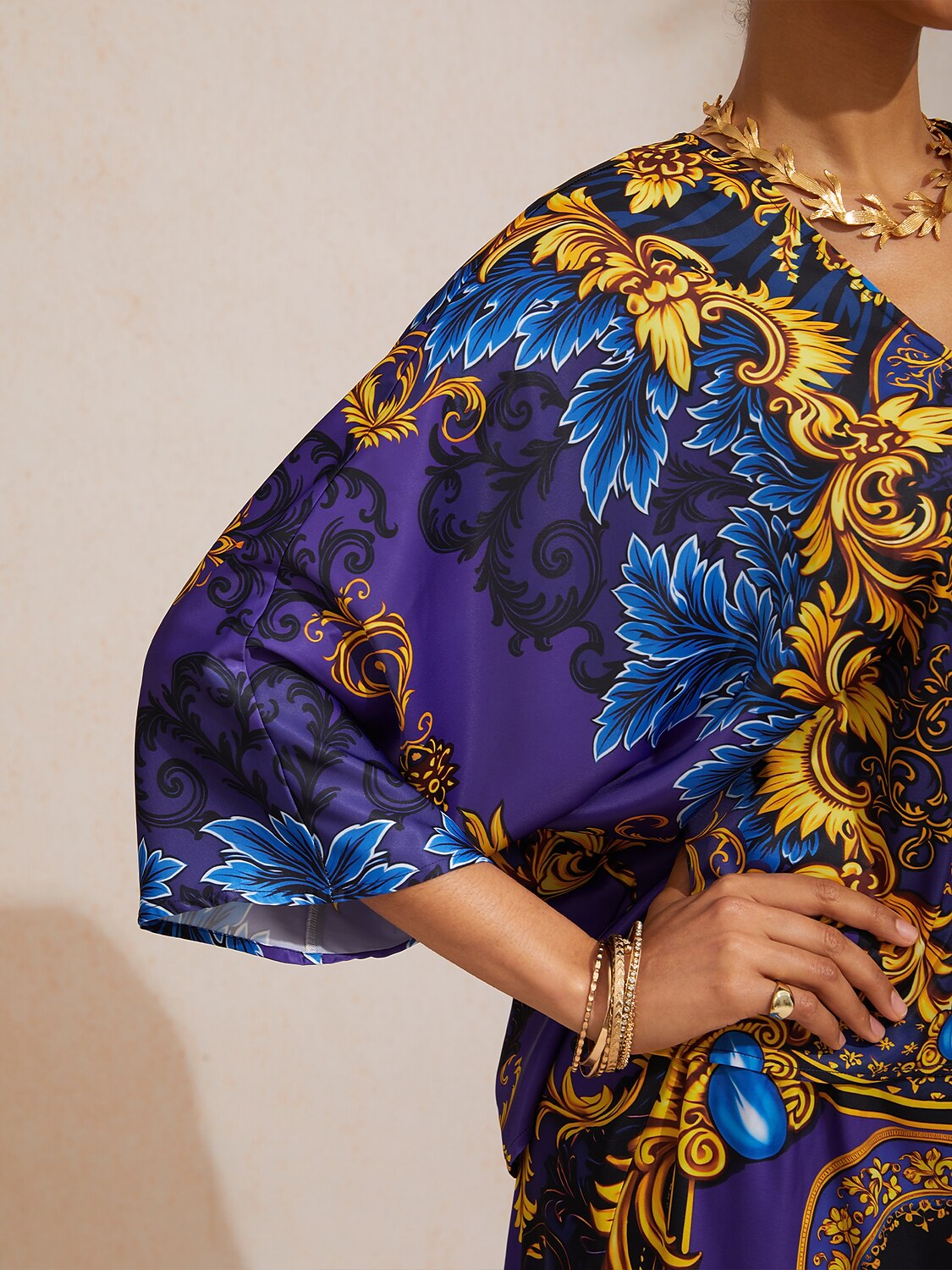 Midnight Purple Baroque Silky Satin Dolman Sleeve Batwing Top