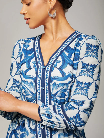 Porcelain Print V Neck Slim Fit Maxi Dress