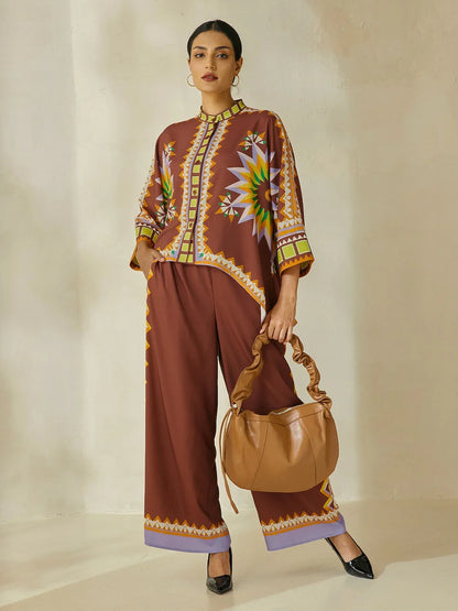 Brown Bohemian Geometric Graphic Satin Shirt