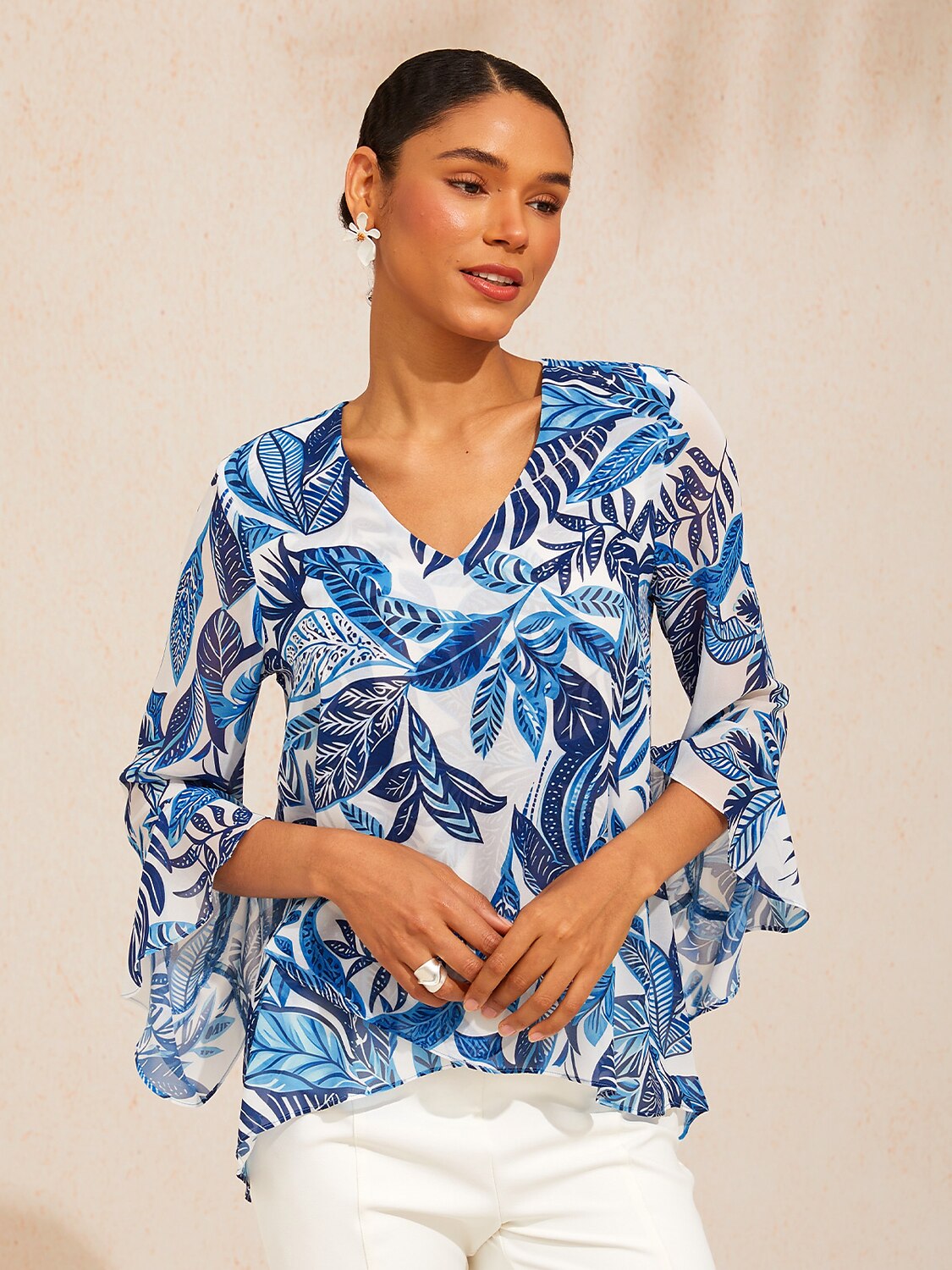 Azure Leaves Flowy Chiffon Top