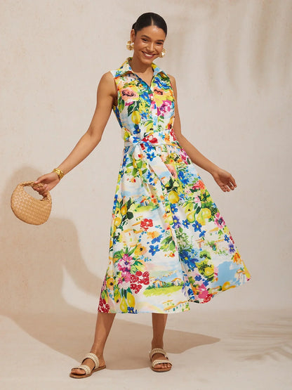 St Barth Blooms Airy Linen Look Blue Shirt Dress