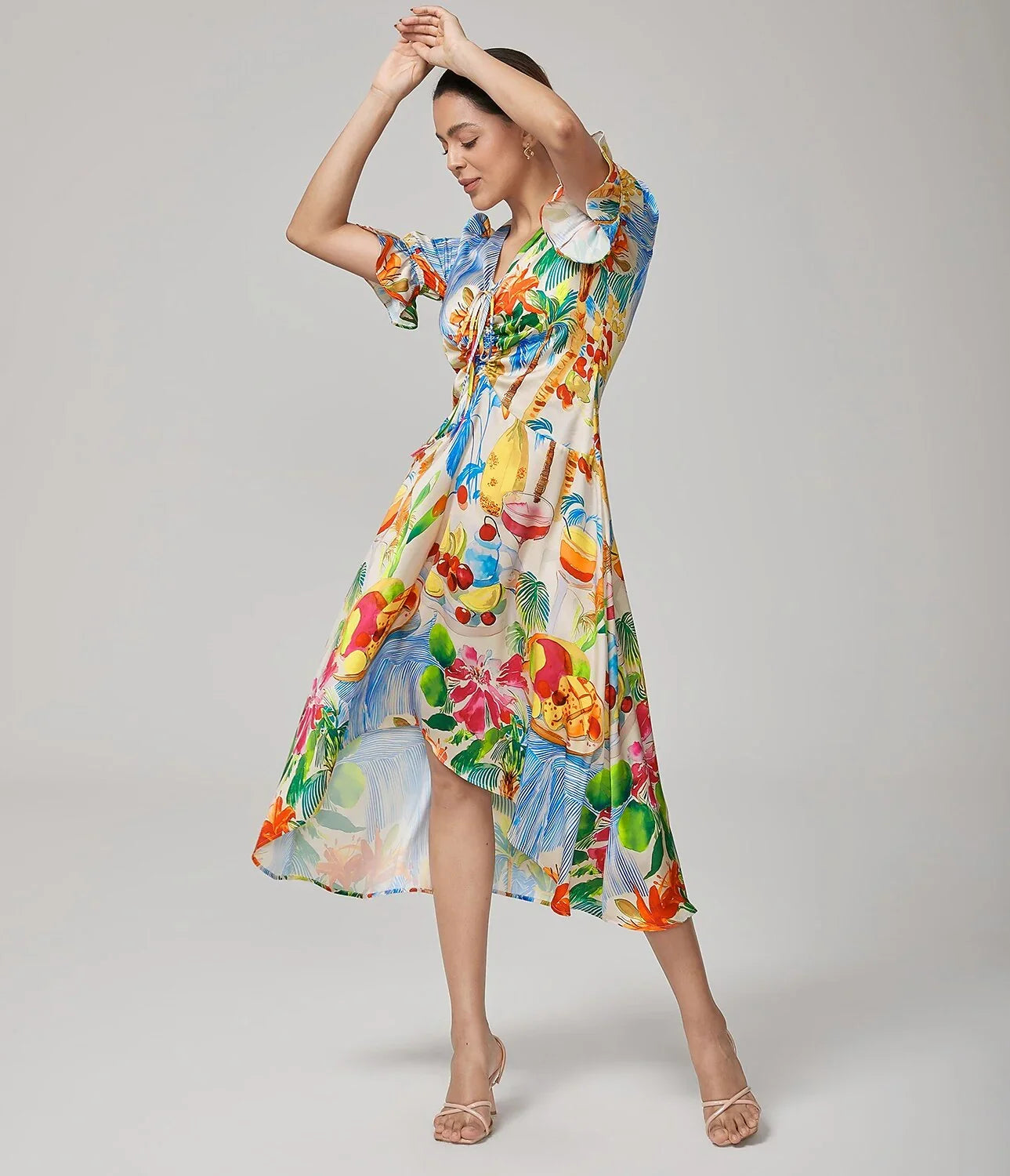 Fruit Floral Print Cinched Waist Dress