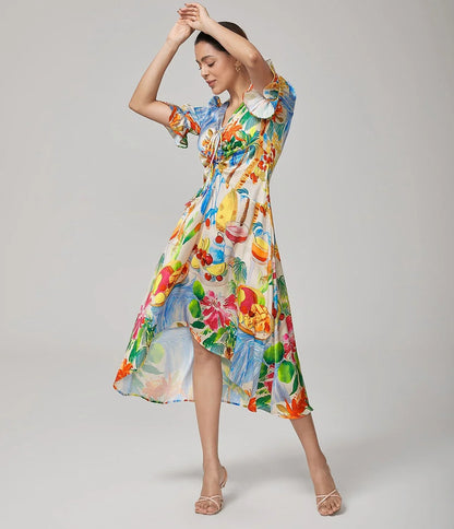 Fruit Floral Print Cinched Waist Dress