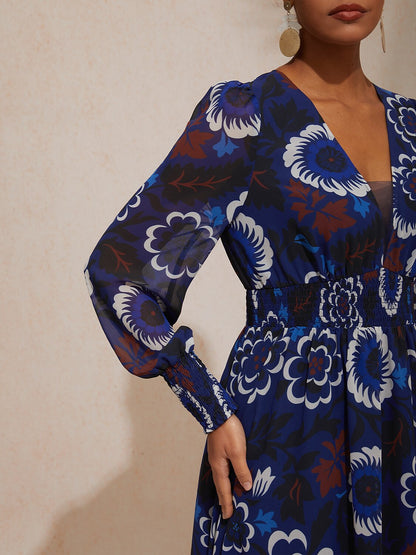 Chiffon Floral Composite Print Elegant Maxi Dress Banquet Vacation