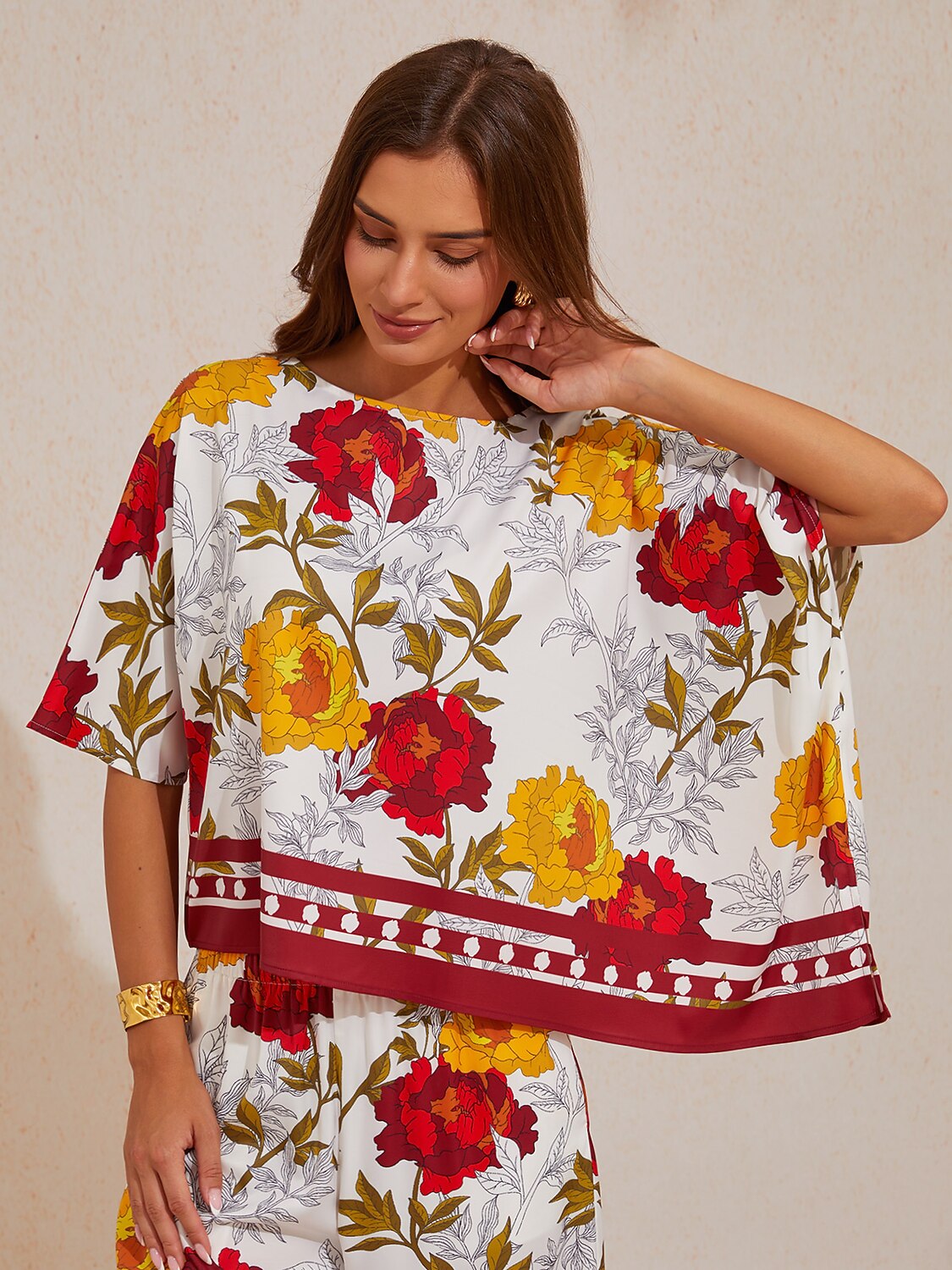 Amber Rose Tapestry Silky Satin Dolman Sleeve Top