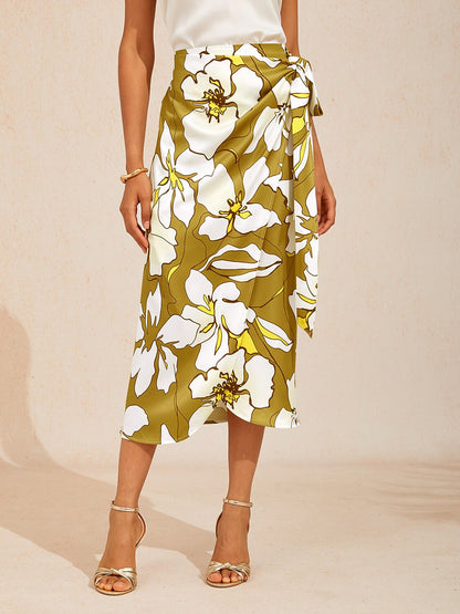 Golden Petal Glow Silky Satin Wrap Skirt