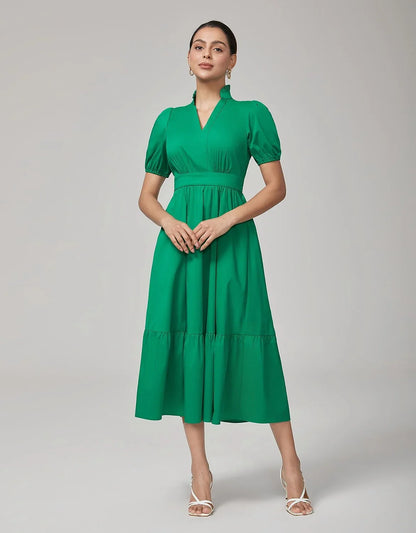Deep Moss Green Cotton Puff Sleeve Dress