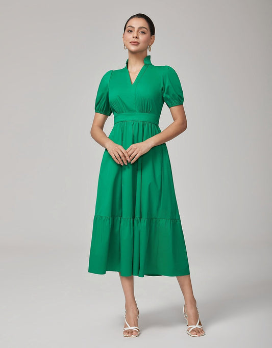 Deep Moss Green Cotton Puff Sleeve Dress