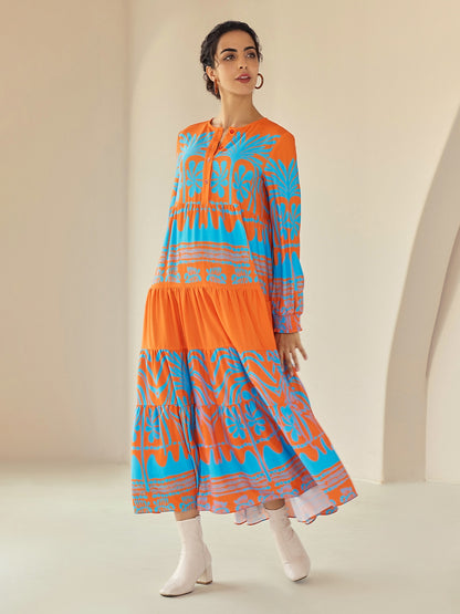 Plants Linear Button Up Crew Neck Ethnic Casual Maxi Dress