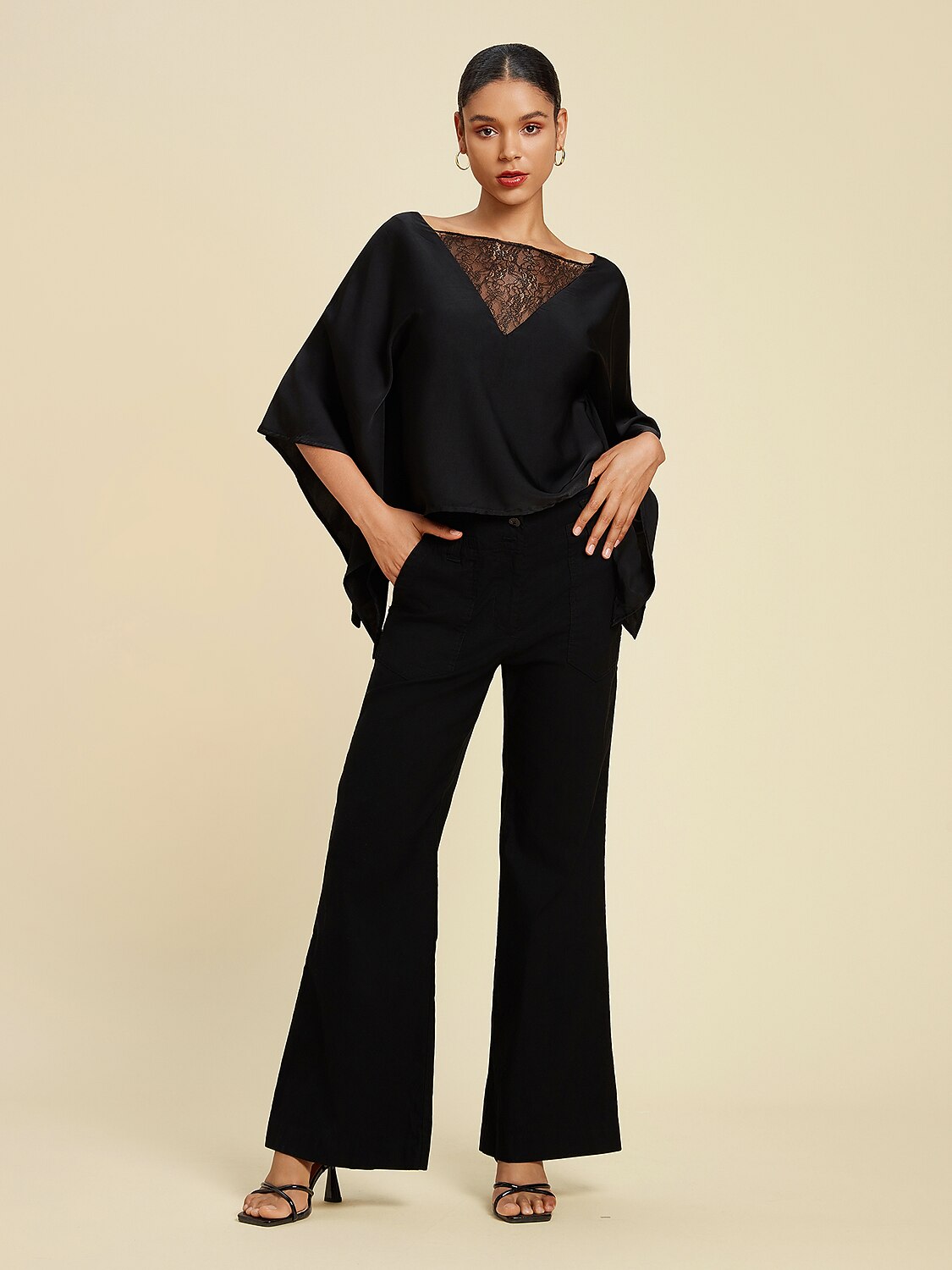 Solid Color Batwing Sleeve Lace Patchwork Satin Blouse