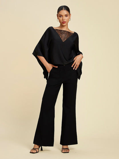 Solid Color Batwing Sleeve Lace Patchwork Satin Blouse