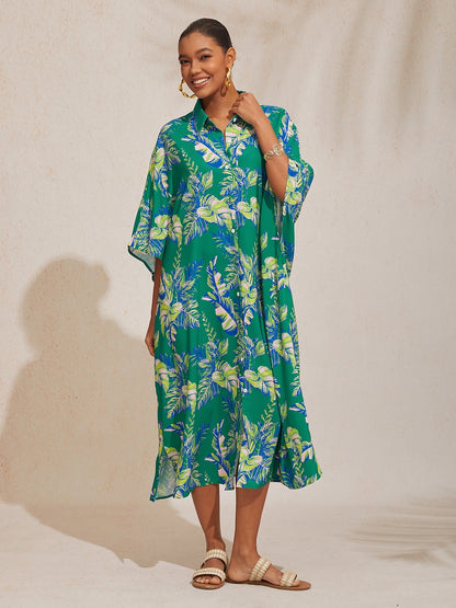 Leaf Print Shirt Short Sleeve Midi Chiffon Dress