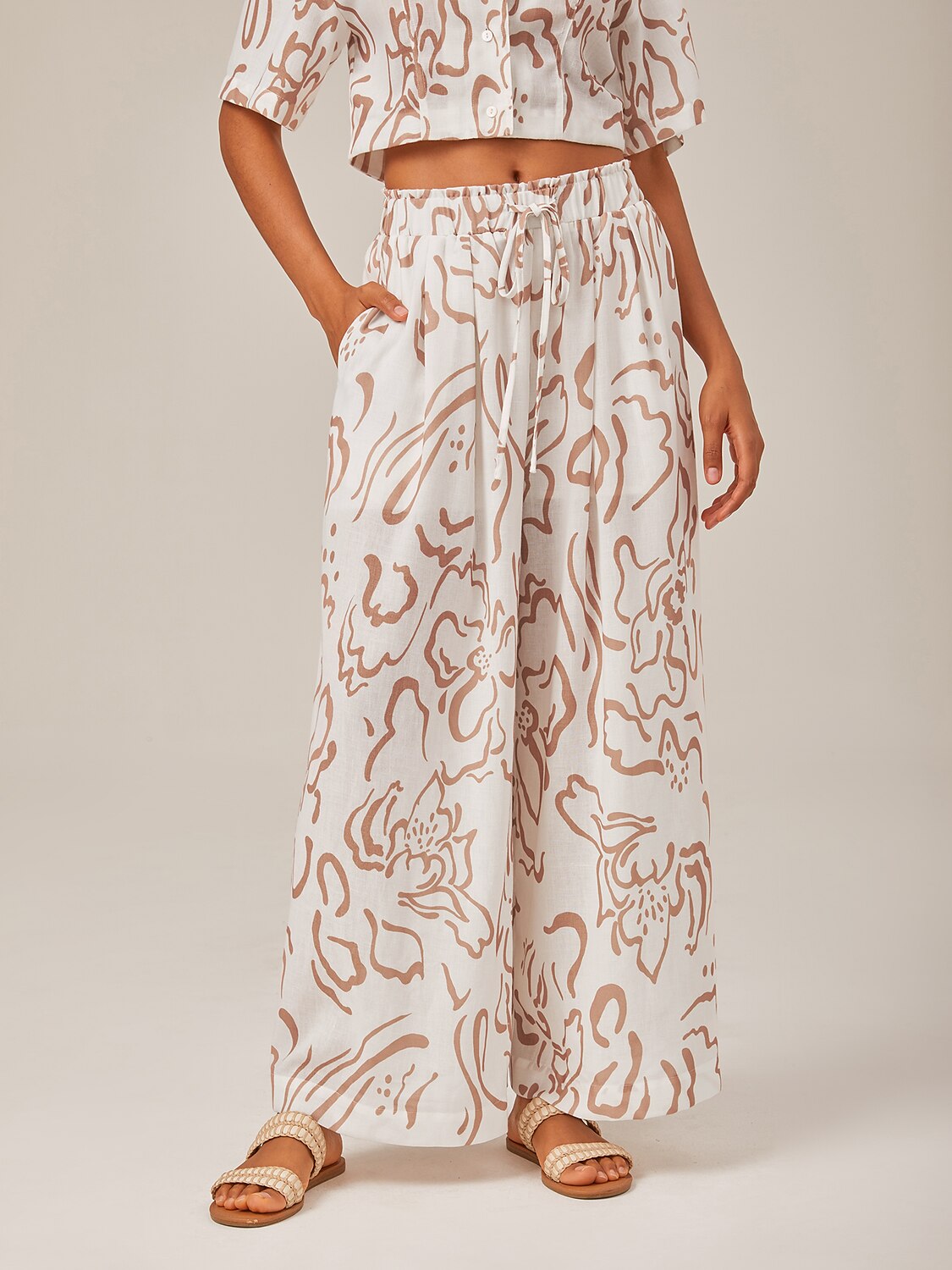 Artistic Print Elastic Linen-Like Wide-Leg Pants